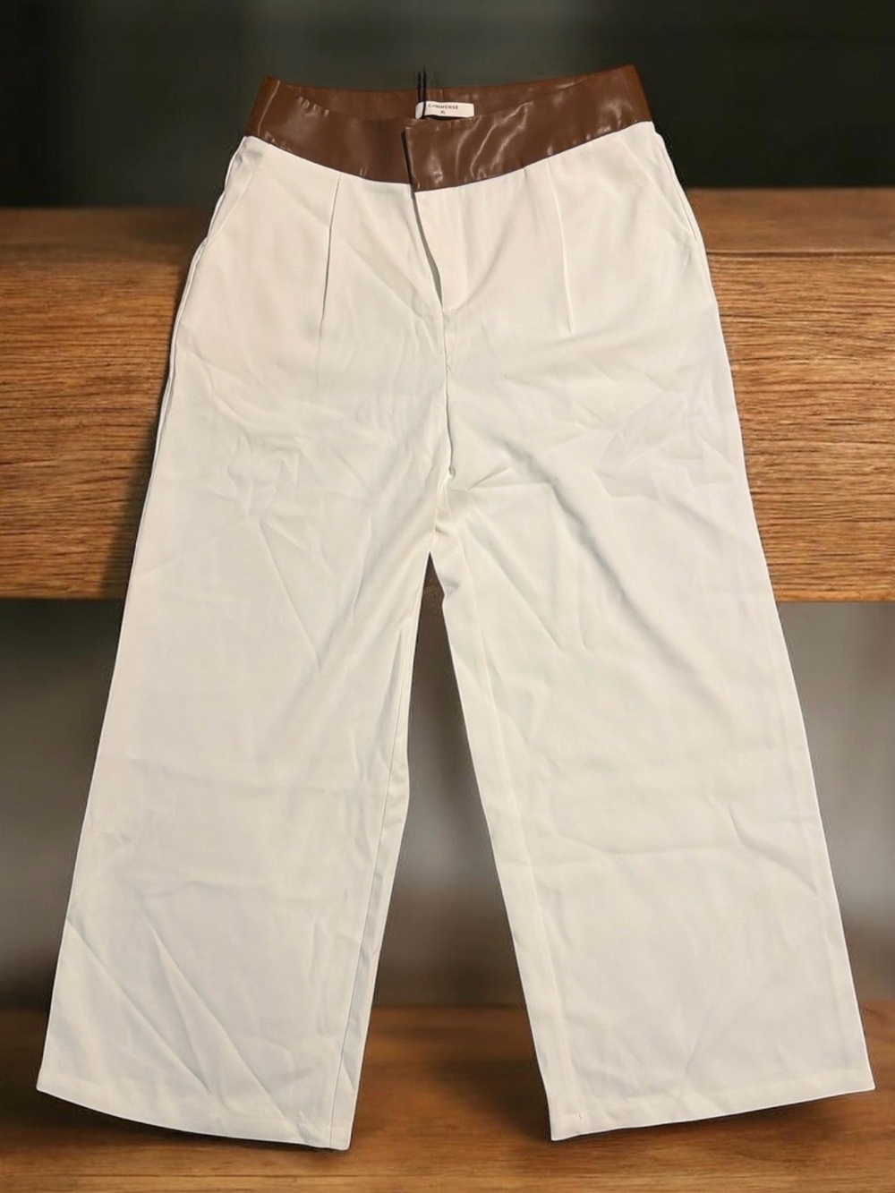 Commense  Wide-Leg White Pants with Brown Faux leather Waistband